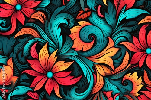 seamless pattern with colorful flowers and leaves on a black background