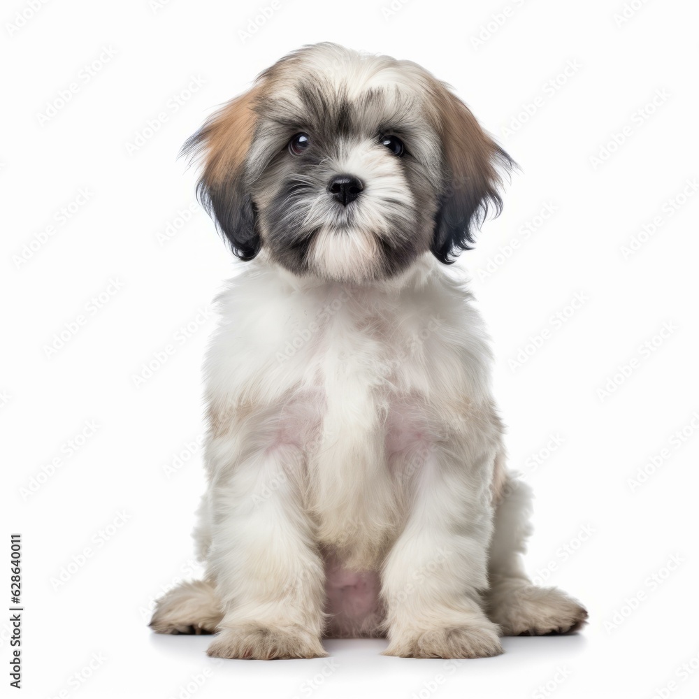 shih tzu puppy sitting in front of white background shih tzu puppy sitting in front of white background