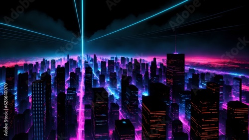 Photo of a futuristic city illuminated by neon lights