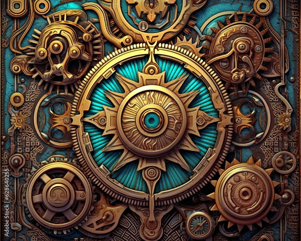 steampunk background with gears and clockwork on a blue background