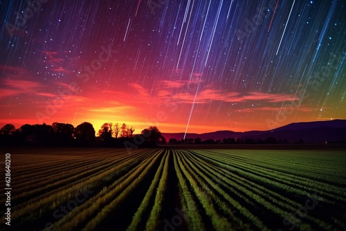 star trails over a field and mountains
