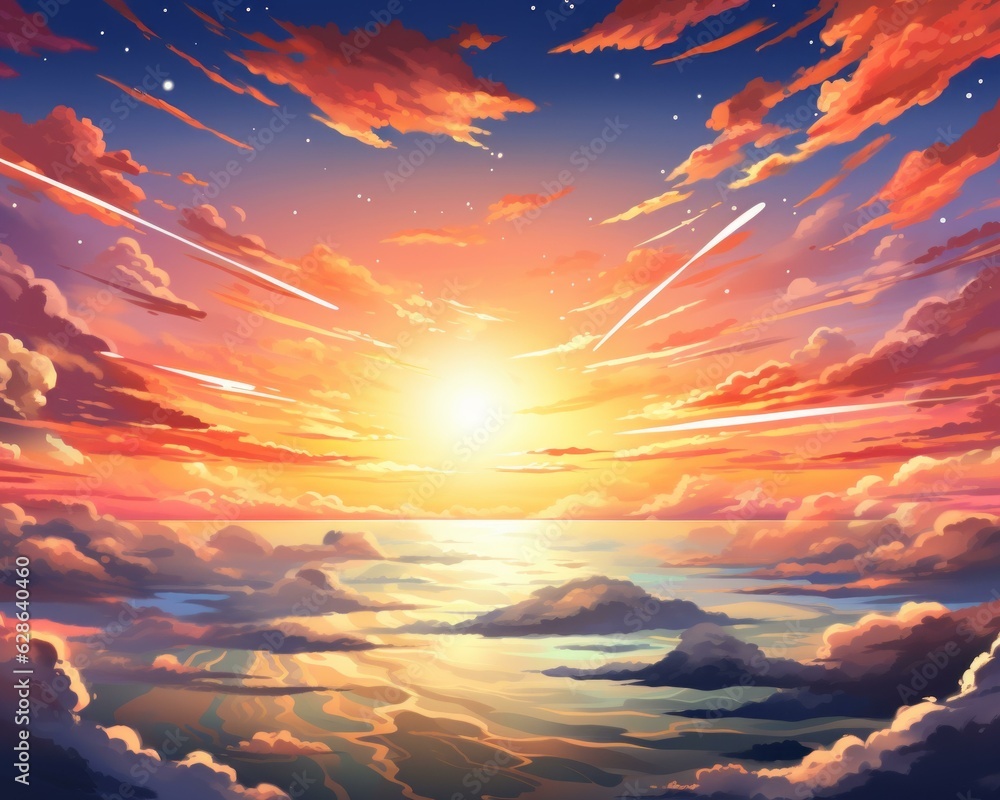 sunset over the ocean with clouds and meteors in the sky sunset over the ocean with clouds and meteors in the sky