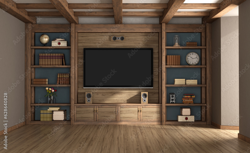 Retro style room with bookcase in solid wood and flat tv