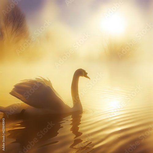 Swan swims in the mist on a winter lake in the sun at sunset