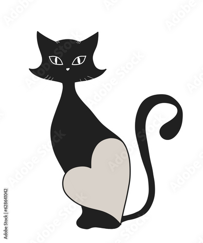 black and white cat with a big white heart, white whiskers and eyes in a gray cat