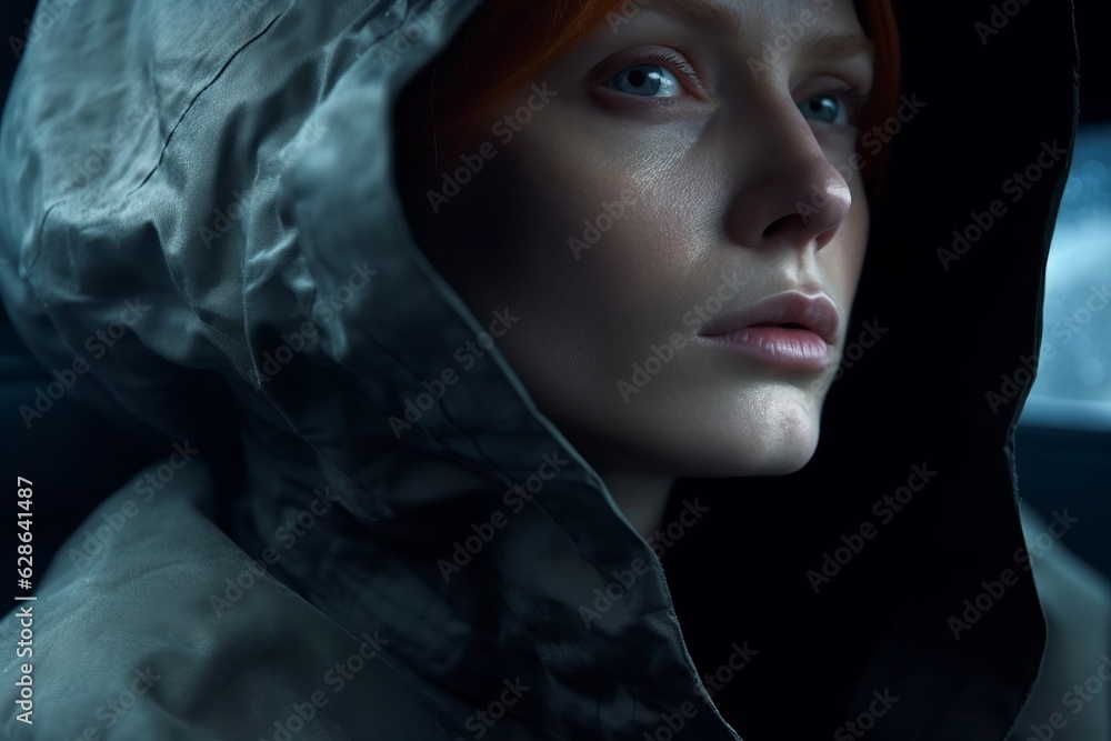 the woman is wearing a hoodie and looking away from the camera the woman is wearing a hoodie and looking away from the camera