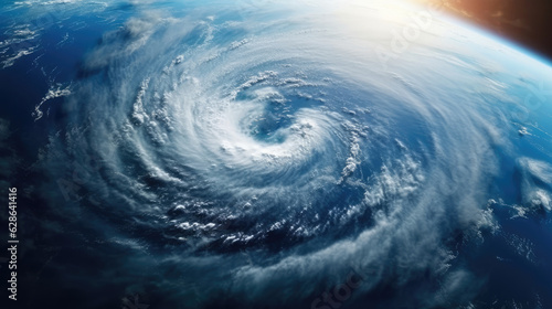 Hurricane from space. Satellite view. Super typhoon over the ocean. The eye of the hurricane. View from outer space. Weather background.