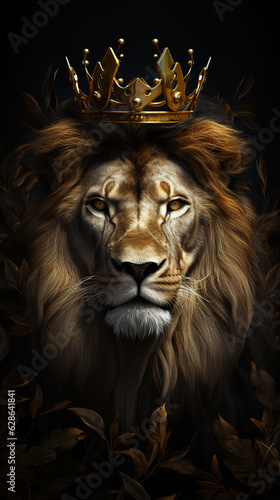 rei leão com coroa dourada do rei, arte de luxo, fundo preto