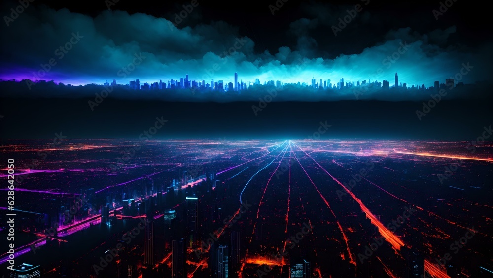 Photo of a bustling cityscape illuminated by the lights of the night