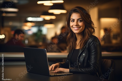 Office working girl with a radiant smile sits in front of her laptop computer  immersed in work generative AI