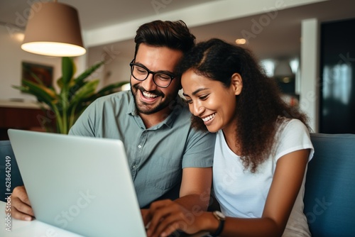 Multiracial young couple watching computer laptop sitting on the sofa at home - Happy diverse husband and wife using pc online services - Technology life style concept generative AI