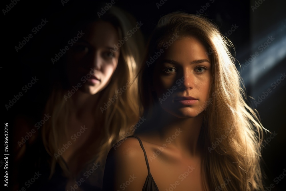 two women are looking at the camera in a dark room two women are looking at the camera in a dark room