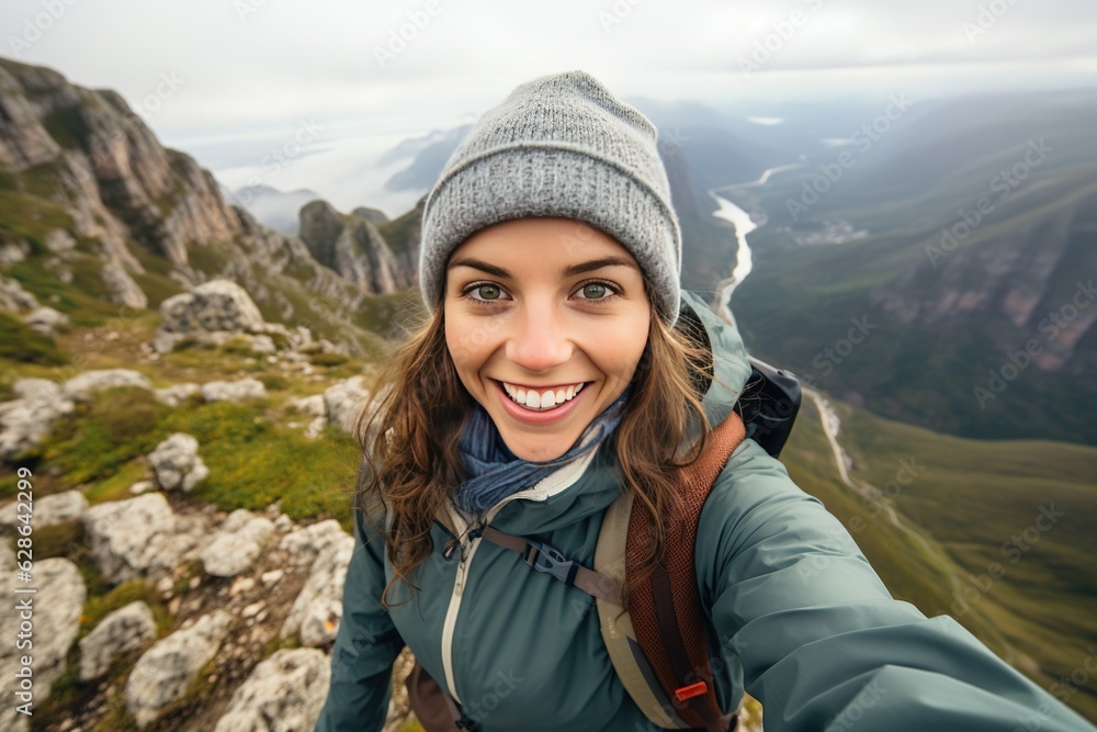 Young woman taking selfie portrait hiking mountains - Happy hiker on the top of the cliff smiling at camera Wide Angle photo - Travel and hobby concept generative AI
