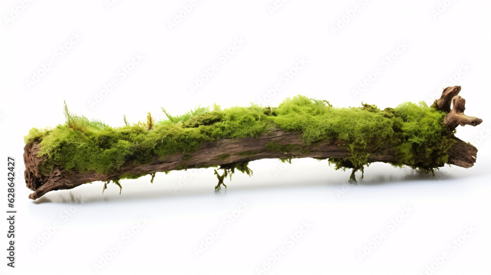 Naklejka premium Fresh green moss on rotten branch isolated on white background