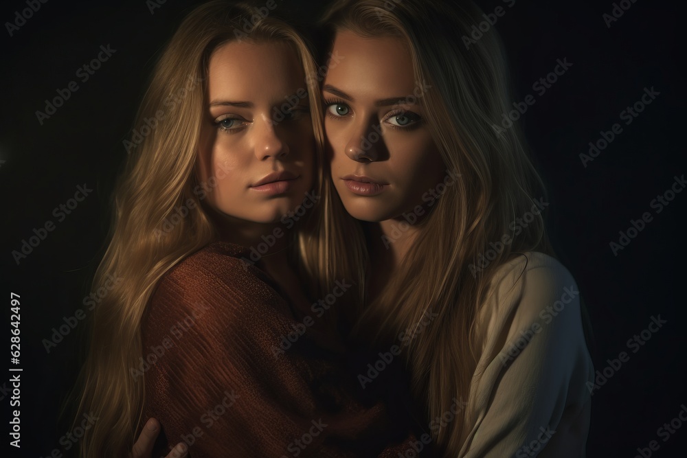 two young women are posing for a portrait in the dark two young women are posing for a portrait in the dark