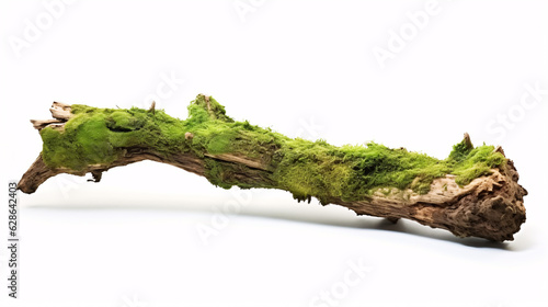 Fresh green moss on rotten branch isolated on white background