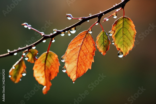 A branch with leaves and dew drops on it. The leaves are orange and green in color and are backlit by the sun. The dew drops are hanging from the leaves and the branch, blurry background