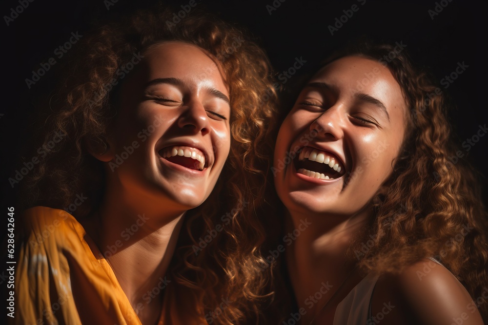 two young women laughing together in front of a black background two young women laughing together in front of a black background