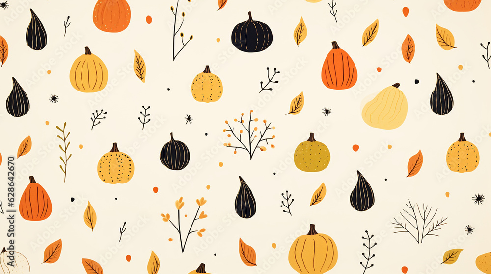 Pumpkin Doodle Background - Minimalist Dried Fall and Autumn Leaves and Branches on Light Cream/Beige Background - Thanksgiving, Halloween Vector Concept - Generative AI Pumpkin Doodle Background - Minimalist Dried Fall and Autumn Leaves and Branches on Light Cream/Beige Background - Thanksgiving, Halloween Vector Concept - Generative AI