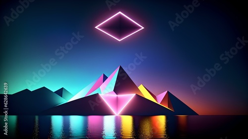 Photo of a majestic mountain illuminated by a vibrant neon diamond