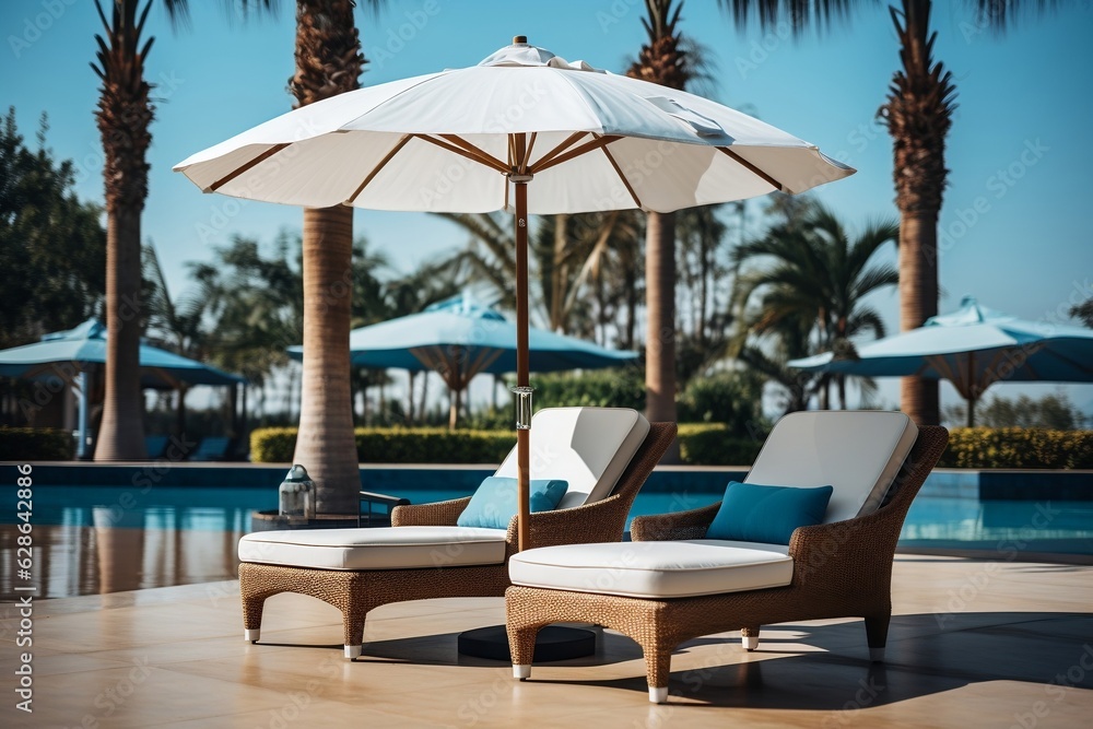 Serene Poolside Ambiance with Umbrella and Chair. AI