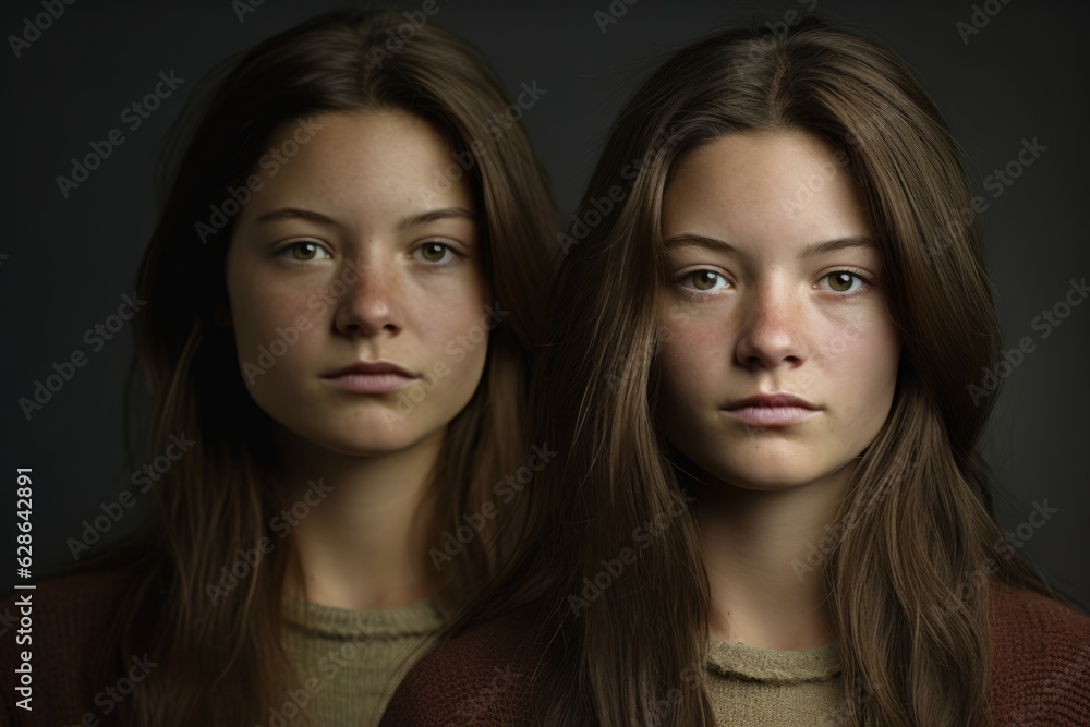 two young women with long hair and brown eyes two young women with long hair and brown eyes