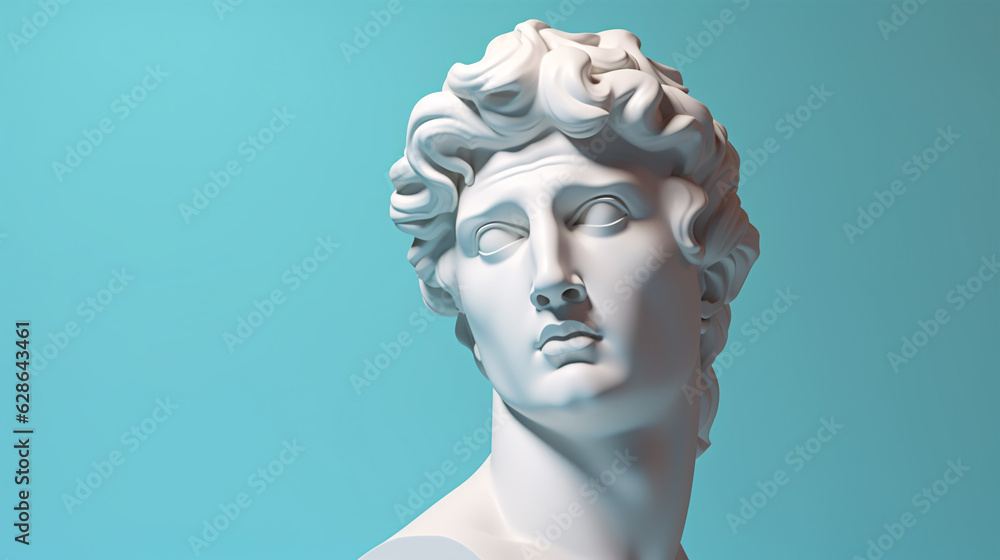 Head of David's statue, sculpture bust, 3d rendering style on pastel background..