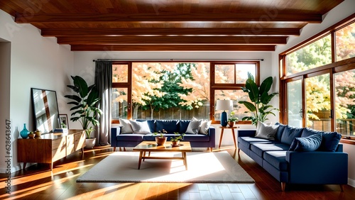 Photo of a spacious and bright living room with modern furniture and large windows