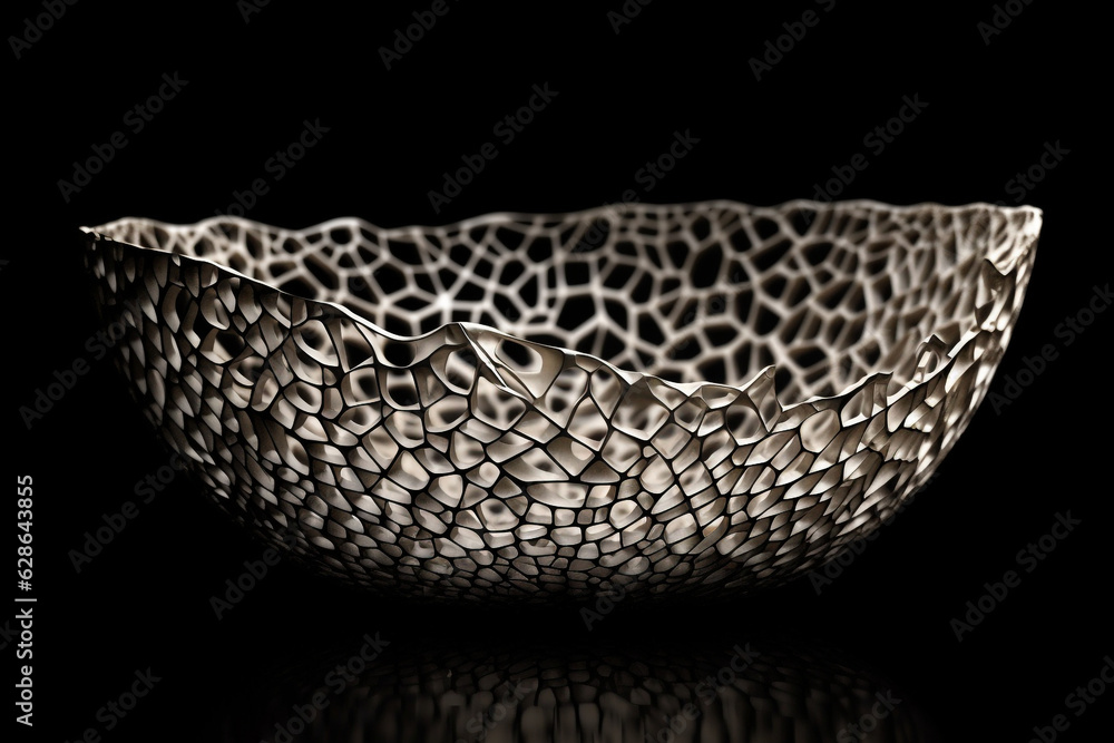 Obraz premium Surreal and abstract background concept. Silver object with tonal fractal debris pattern in the surface on black background with copy space. Generative AI