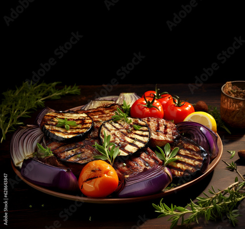 Grilled eggplants with tomatoes in plate on wooden background. Grilled vegetables with Italian herbs. Generative Ai content.