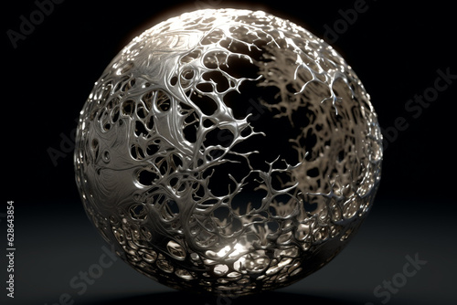 Surreal and abstract background concept. Silver object with tonal fractal debris pattern in the surface on black background with copy space. Generative AI