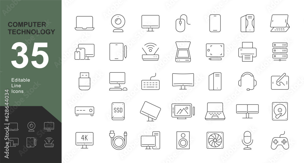 Computer Technology Line Editable Icons set. Vector illustration in thin line style of computers and components related icons: monitors, smart phone, tablets, laptops, electronic devices, and more. Computer Technology Line Editable Icons set. Vector illustration in thin line style of computers and components related icons: monitors, smart phone, tablets, laptops, electronic devices, and more.