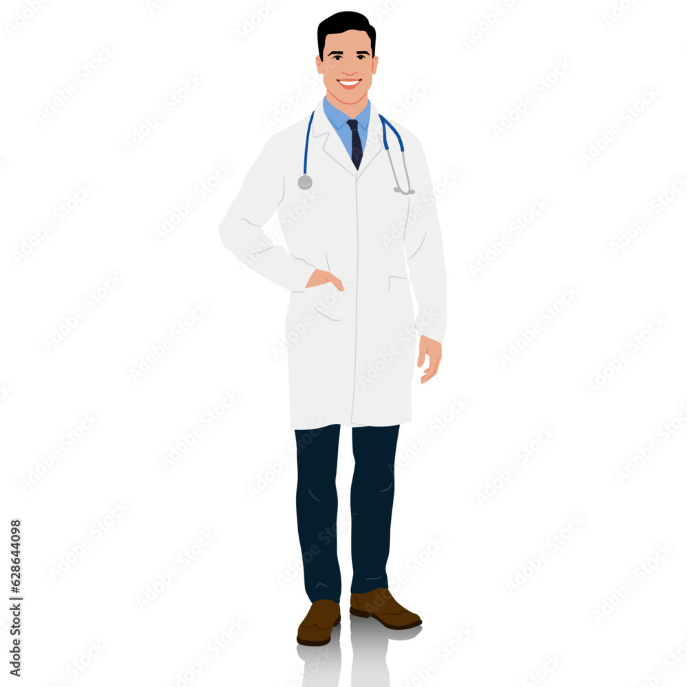 A doctor in a white coat with his hand in the pocket. Male healthcare worker. Hand-drawn vector illustration set isolated on white A doctor in a white coat with his hand in the pocket. Male healthcare worker. Hand-drawn vector illustration set isolated on white
