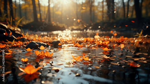 autumn in the forest, autumn leaves falling in the river, blurry background, copy space, banner  © Lara