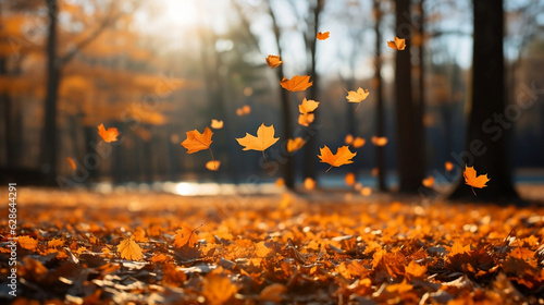 autumn leaves falling from the trees in the park, ground full of leaves, copy space, bokeh, blurry background, banner  photo
