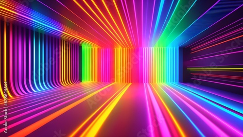 Photo of a vibrant room filled with colorful neon lights and mesmerizing lines