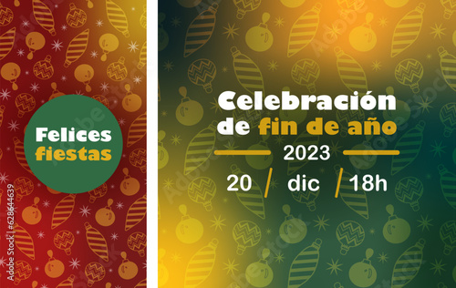 plantilla de invitación "Celebración de fin de año" para fiestas de fin de año. Posadas, Navidad y año nuevo. Fondo de esferas rojo y verde. 