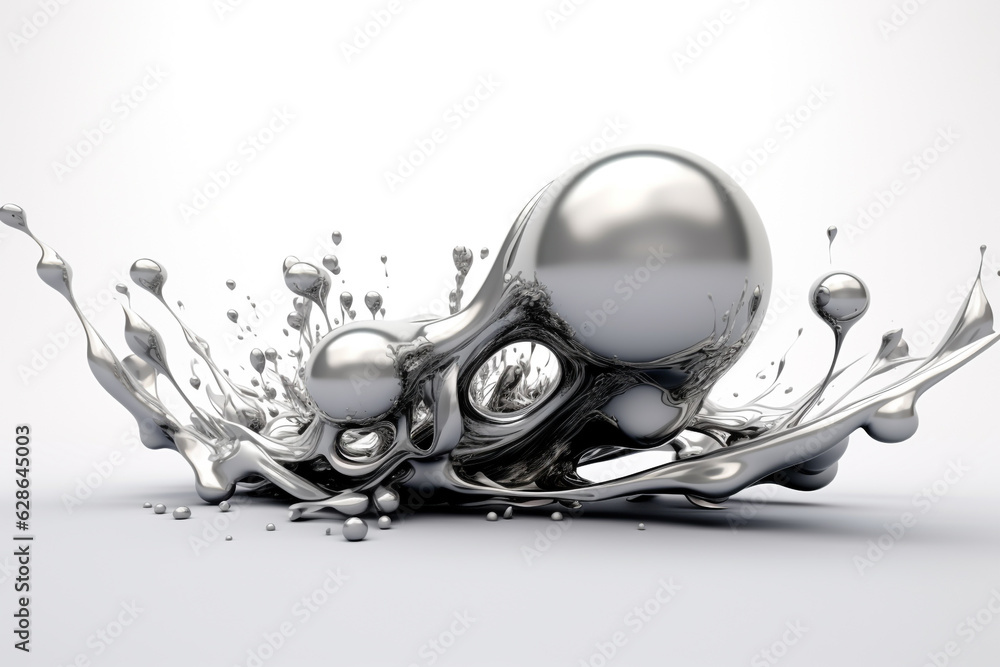 Fototapeta premium Surreal and abstract background concept. Splashing and spreading fluid metal on white background. Generative AI