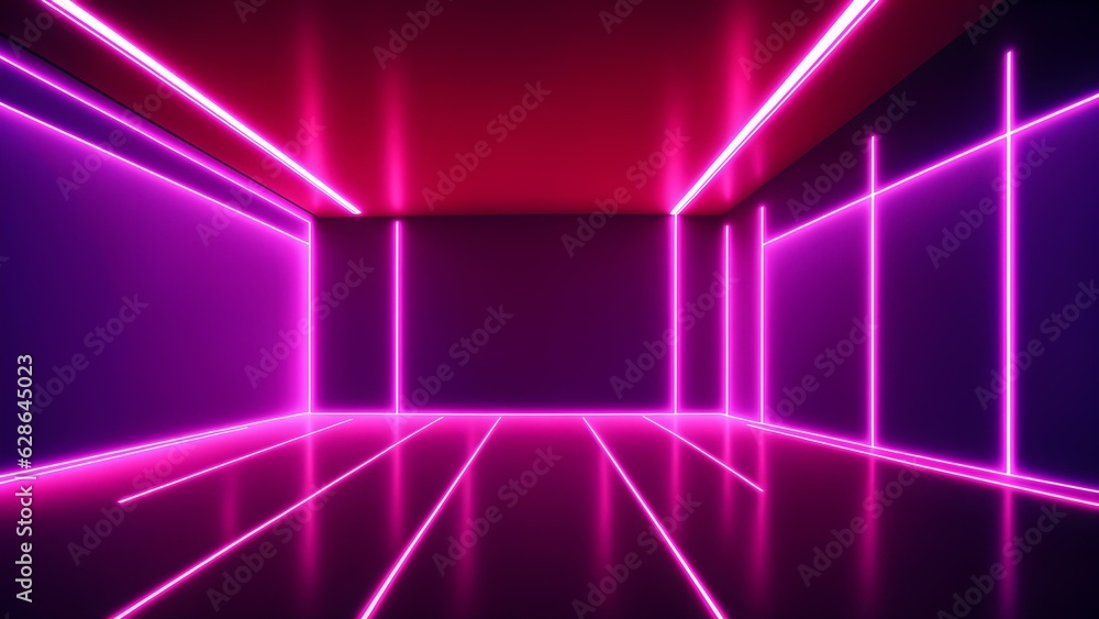 Photo of a vibrant room with neon lights and a sleek black floor