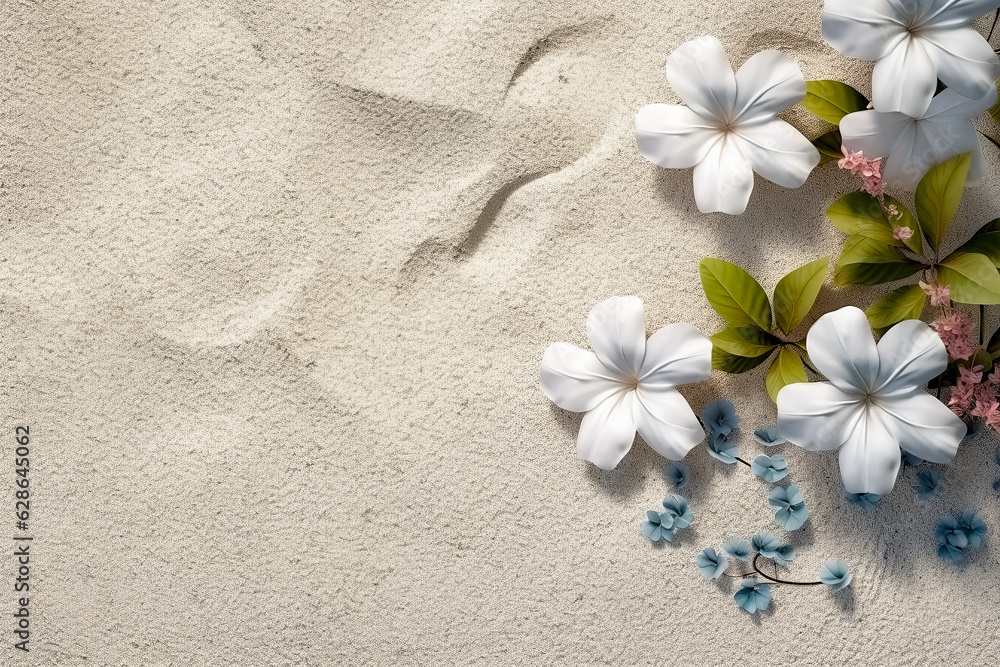 Greeting card template with flowers growing on clean sand. Top view, side lighting, copy space. Greeting card template with flowers growing on clean sand. Top view, side lighting, copy space.