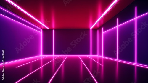 Photo of a vibrant room with neon lights and a sleek black floor