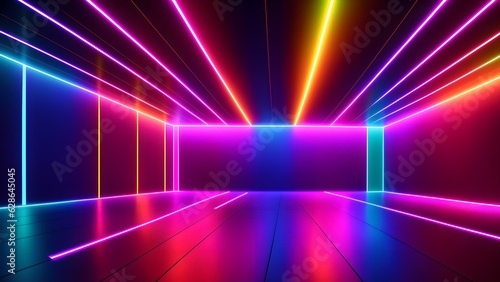 Photo of a vibrant room illuminated by colorful neon lights