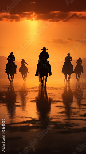 group of cowboy riding horse at sunset