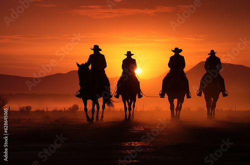 group of cowboy riding horse at sunset