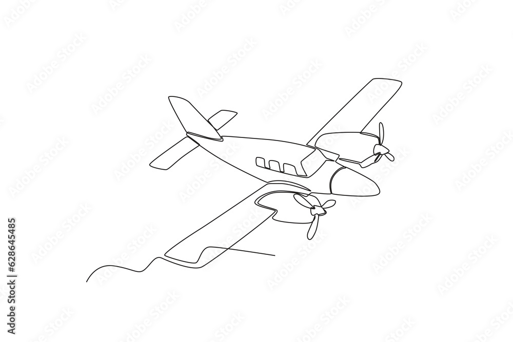 Front view of aircraft with two propellers. Vintage plane one-line drawing