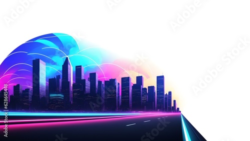 Photo of a vibrant cityscape with colorful neon lights against a clean white backdrop