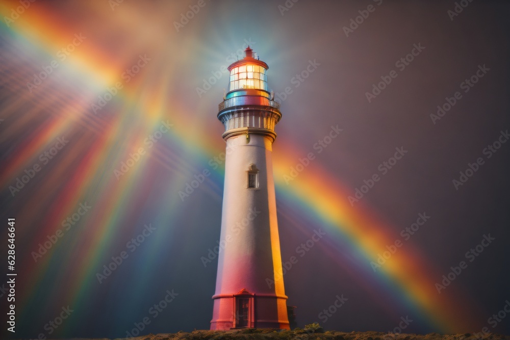 Visual depiction of a lighthouse projecting a spectrum of colors, symbolic of notions related to hope, joy, and diversity.