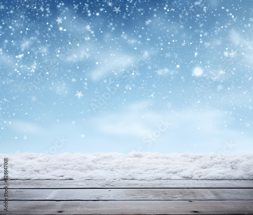snowy wooden desk on winter background with snowflakes