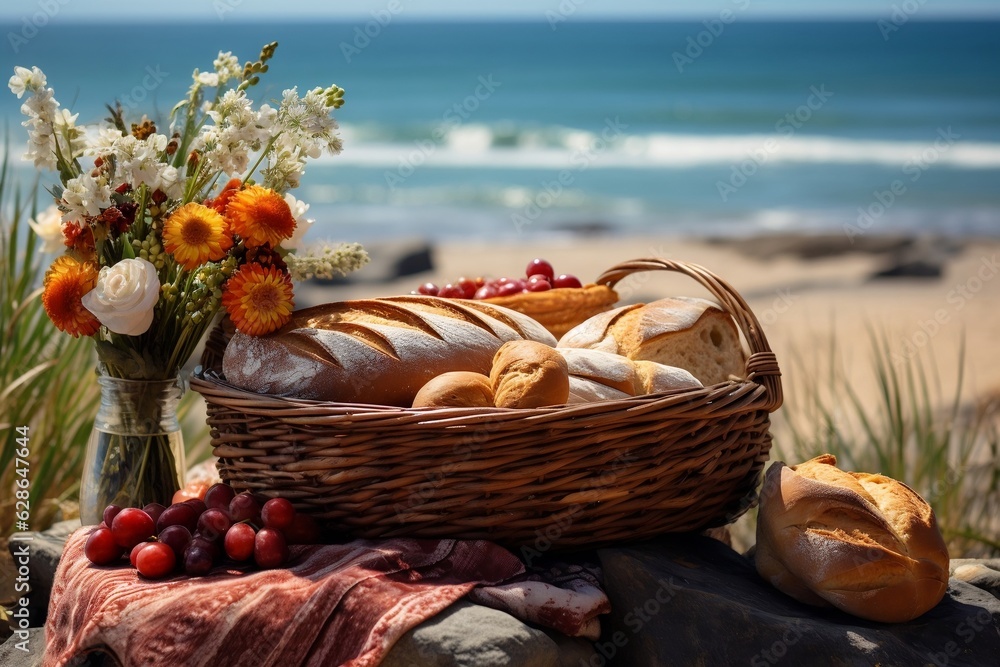 Beach Picnic Basket with Bread and Fruits. AI