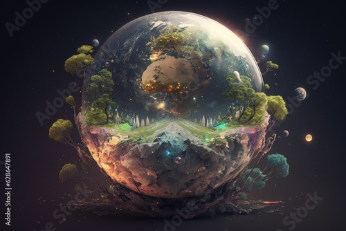 Fantasy landscape with planet, trees and mountains © Олег Фадеев
